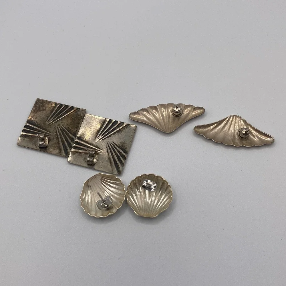 Vintage Silver Tone Earring Lot 3 Pairs Pierced Studs Shell Fan Art Deco Square‎